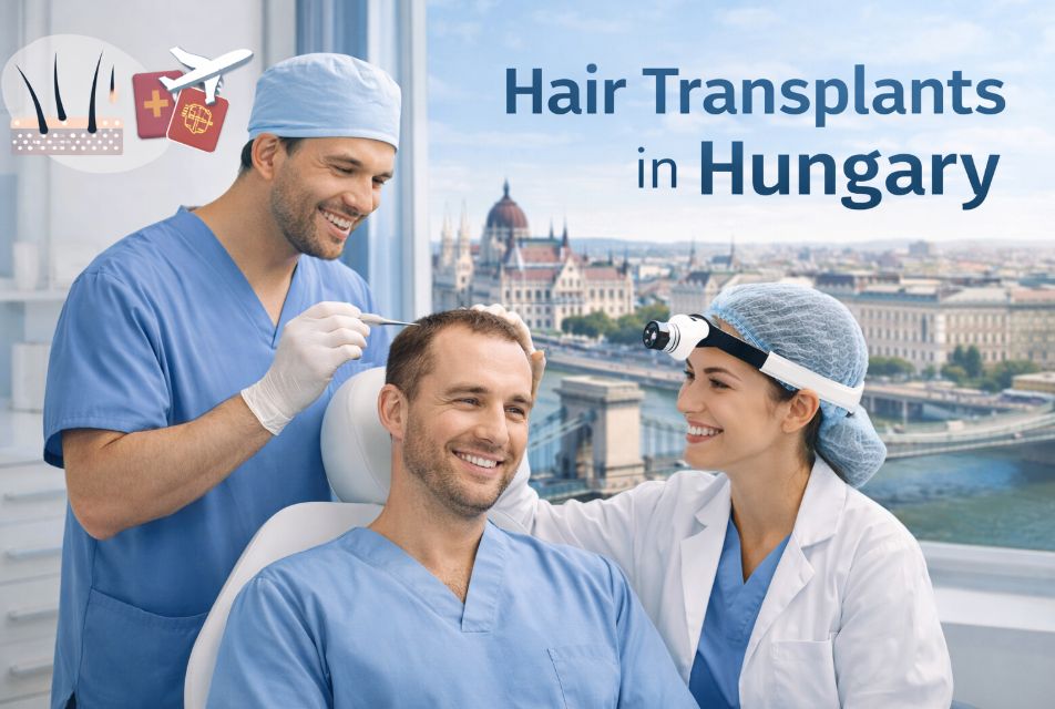 Hair transplant clinic in Hungary showing a smiling male patient receiving consultation from professional doctors in a modern Budapest medical office.