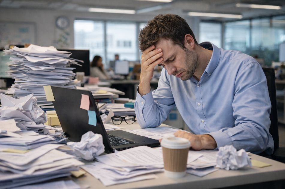 Munkahelyi kiégés és stressz egy kimerült irodai dolgozóval, aki túlterhelt íróasztalnál ül papírokkal körülvéve.