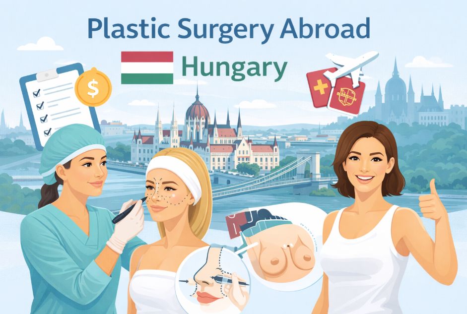Plastic surgery abroad in Budapest, Hungary illustration showing cosmetic clinic consultation, travel icons, and Budapest skyline.