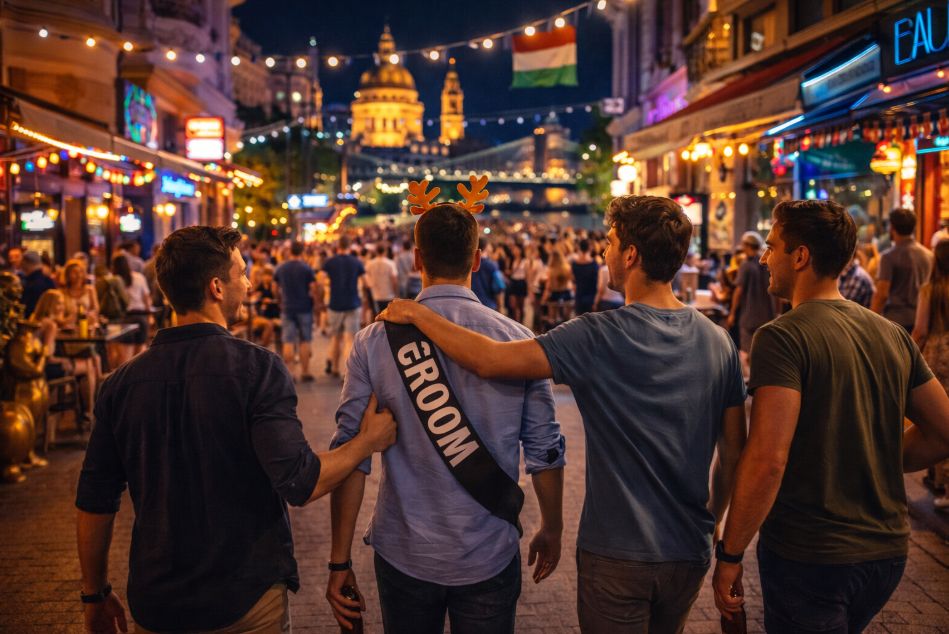 Group of young men walking through Budapest at night celebrating a stag party with city lights and famous landmarks in the background.