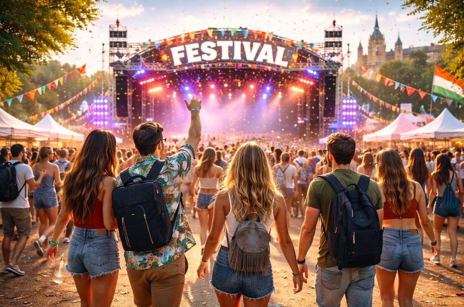 Young people walking toward a summer music festival in Budapest, Hungary with colorful stage lights and large crowd atmosphere.