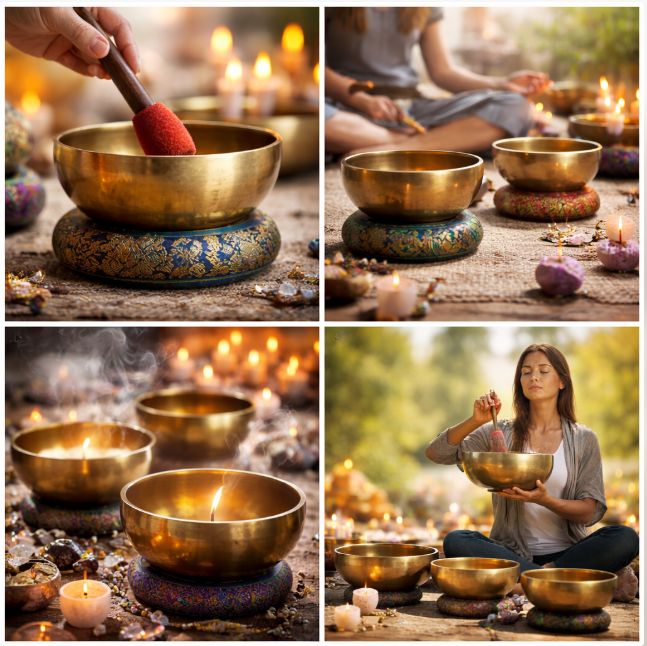 Tibeti hangtál meditációhoz és hangterápiához, gyertyákkal és nyugodt relaxációs környezetben.