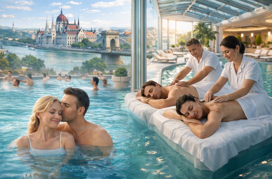 Wellness spa in Budapest, Hungary featuring thermal baths and relaxing massage treatments for couples in a luxury spa setting.