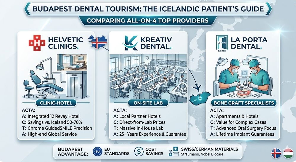 Comparison infographic of top Budapest dental clinics for Icelandic patients featuring Helvetic Clinics, Kreativ Dental, and La Porta Dental, highlighting All-on-4 dental implant treatments, cost savings, and EU medical standards.