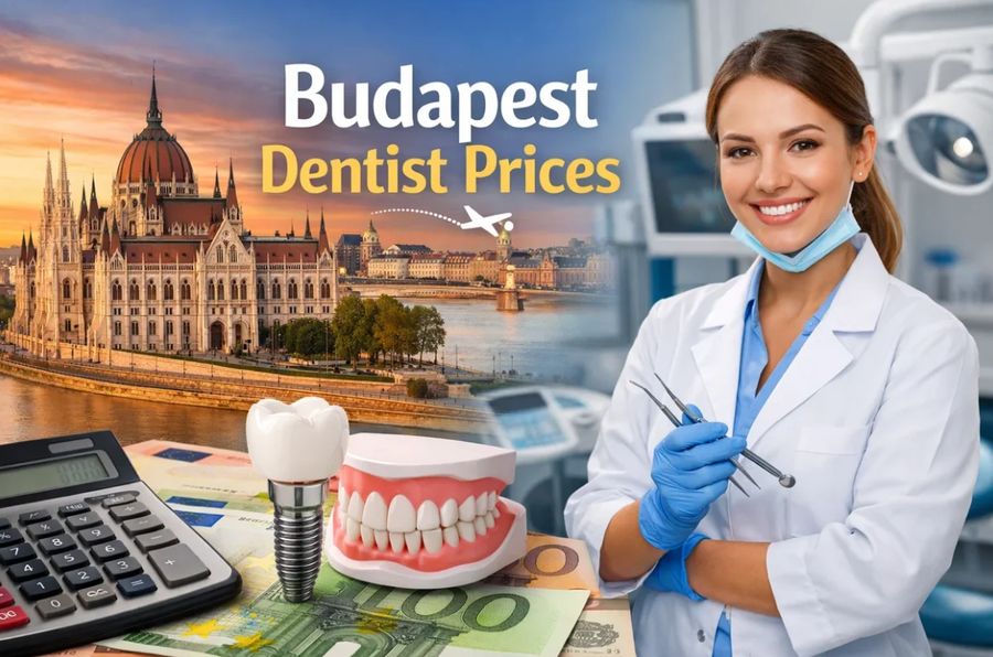 Budapest dentist prices graphic with Hungarian Parliament, dental implant, dentures, euro banknotes, calculator and female dentist in modern clinic showing affordable dental tourism