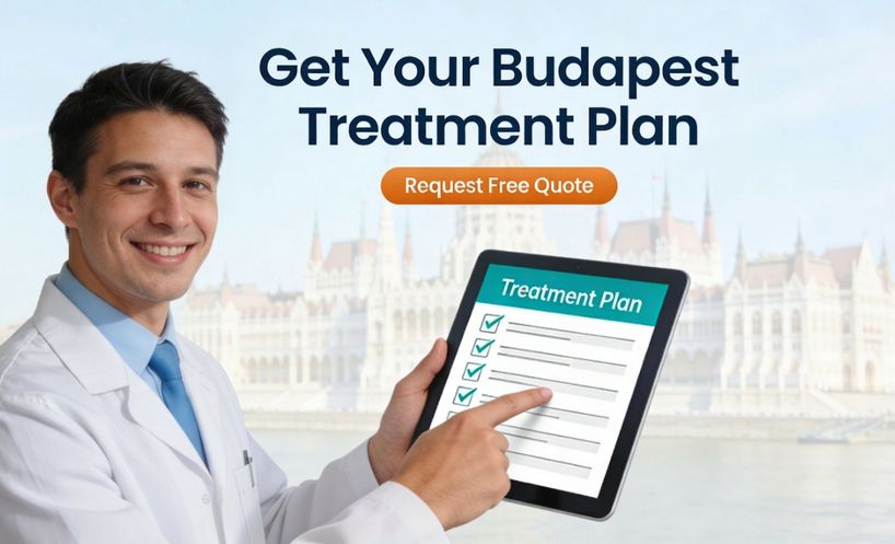 write an seo alt Call-to-action banner showing a friendly Budapest dentist holding a digital treatment plan with the Hungarian Parliament in the background and button text Get Your Budapest Treatment Plan and Request Free Quote
