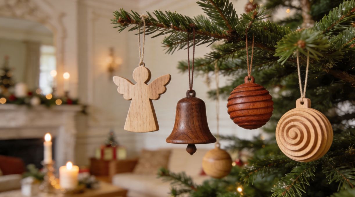 Kézzel készített, egyedi fa karácsonyfadíszek kőrisből és dióból egy meghitt, feldíszített karácsonyfán, natúr, minimalista Fatilla stílusban.”