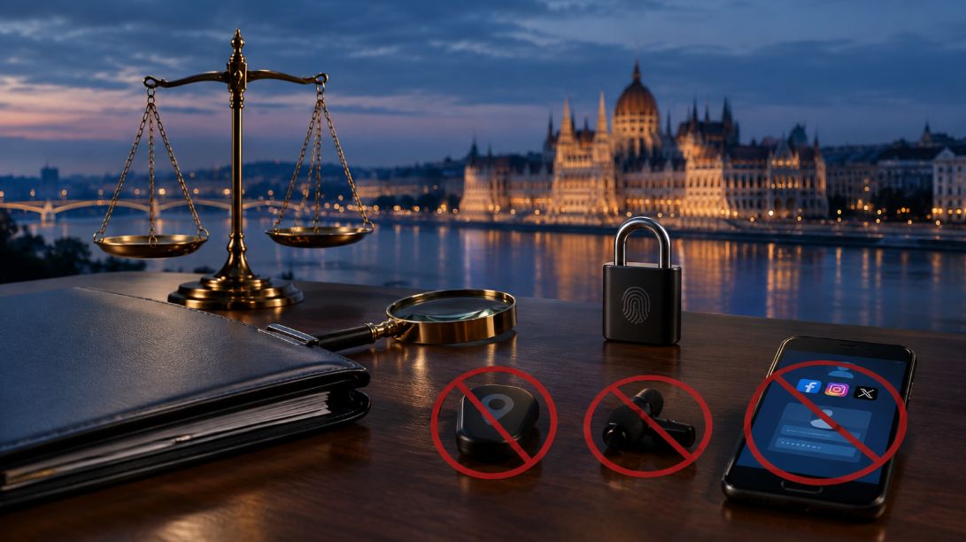 Budapesti Parlament jogi dokumentumokkal, mérleggel, nagyítóval, adatvédelmi lakattal és tiltott GPS-követésre, lehallgatásra, valamint közösségi média feltörésére utaló jelzésekkel